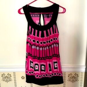 FANG Sleeveless Top Juniors L Geometric Bright Pink Black Stretch Blouson Hem